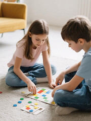 Fototapeta premium Siblings working together on a cognitive logic challenge game on the floor, unplugged from digital distractions