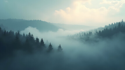 Ethereal fog clouds merging with forest silhouettes
