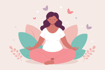A woman in lotus position is meditating surrounded by leaves and butterflies