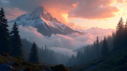 Glowing clouds over remote mountain and forest scene