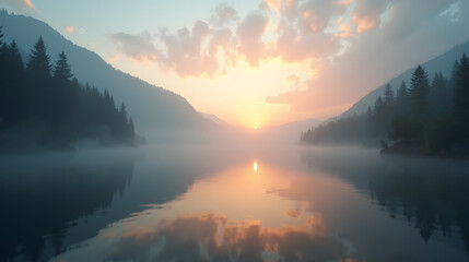 Glowing fog over calm lake at dawn