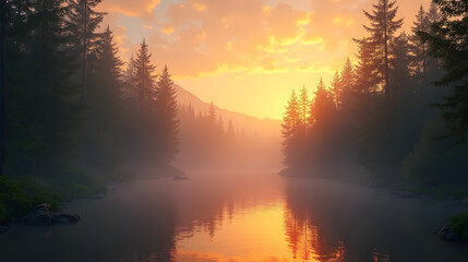 Golden fog over a forest river at twilight