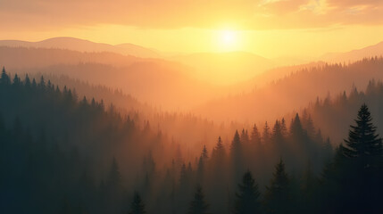 Golden hour light over misty forested hills