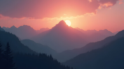Hazy mountain silhouette with muted sunset