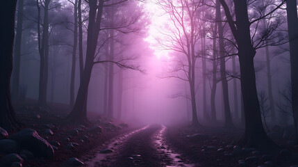 Misty forest scene in monochrome purple