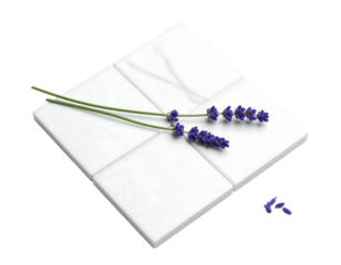 Lavender sprigs arranged on a set of four square, white tiles