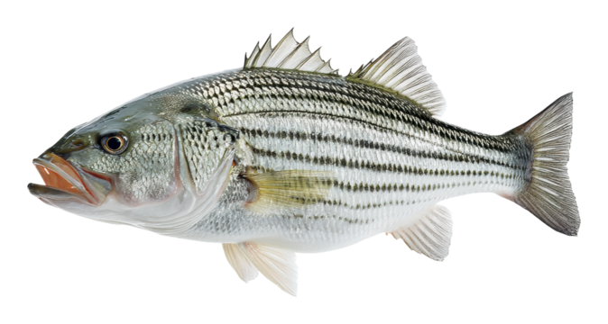 Sporting action striped bass fishing in freshwater lakes nature scene view isolated on transparent background, png