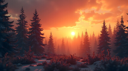 Orange hued sky illuminating serene coniferous forest