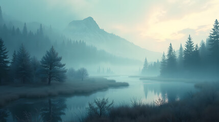Painterly ink style mist landscape