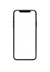 A sleek, modern black smartphone with a minimalist design, thin bezels, and a blank transparent screen, isolated on a transparent seamless cyclorama background with shadowless studio lighting,