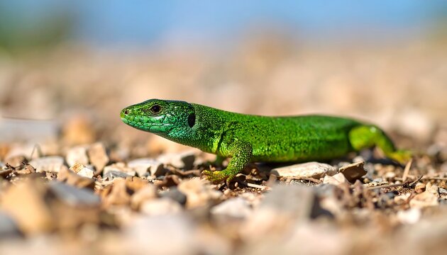Emerald elegance: Captivating green lizard basking on rocky terrain under open sky