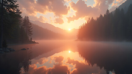 Sunlight piercing through mist over a lake at dusk