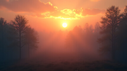 Sunrise over a foggy forest with glowing sky
