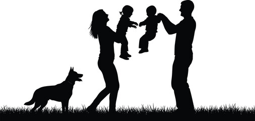 Happy family silhouette vector illustration, parents and children playing outdoors with dog, bonding moment, nature, grass field, joyful activity scene