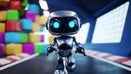 Chrome robot stands with blue eyes, set against colorful block wall and racetrack ambiance, creating tech meets playfulness vibe