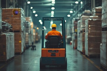 Warehouse worker operating a forklift in a busy industrial setting, symbolizing efficiency and safety in logistics and supply chain operations, Generative AI