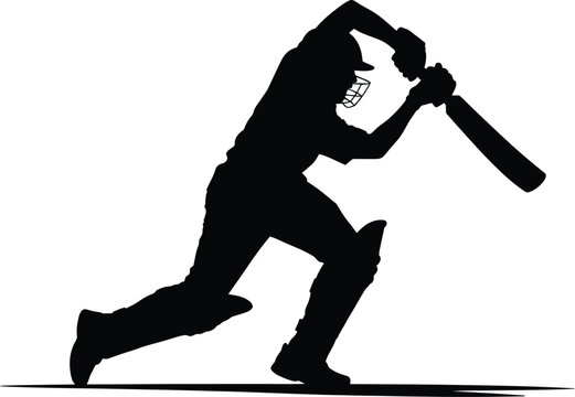 Dynamic silhouette of a cricket batsman in action hitting a powerful shot on a white background