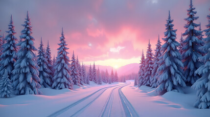 Winter scene with snowy pines and purple sky