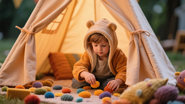Child sitting inside a cozy fabric teepee tent while playing a tactile attention game to promote mental focus and calm

