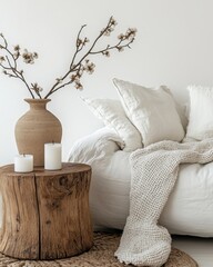 Rustic side table with a vase containing a branch and candles placed near a cozy sofa with white pillows and a blanket. White wall with copy space. Hygge home interior design for room, Generative AI