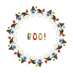 Wreaths for Halloween celebration with cute ghosts Vector holiday illustration Decor for October 31st