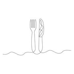 Knife and fork continuous one line drawing of outline vector illustration	