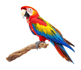 Obraz premium Colorful macaw parrot perched on a branch in a tropical environment view isolated on transparent background, png