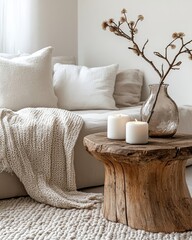 Rustic side table with a vase containing a branch and candles placed near a cozy sofa with white pillows and a blanket. White wall with copy space. Hygge home interior design for room, Generative AI