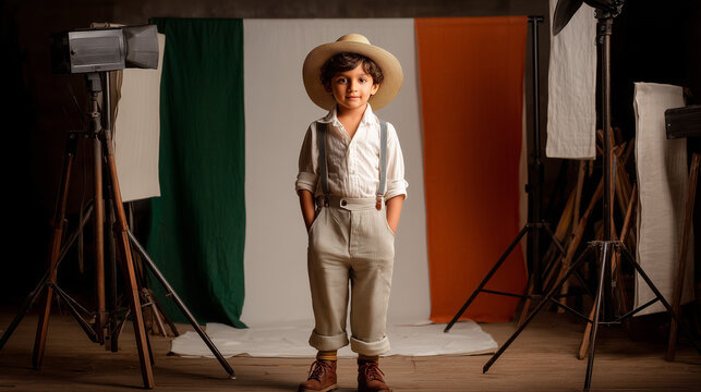  Child in Bhagat Singh costume with Indian flag backdrop and clean space for text.
