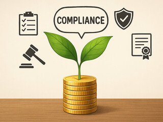 Plant with green leaves growing from stack of gold coins symbolizes financial growth and sustainability compliance and regulation. background features icons representing legal and regulatory