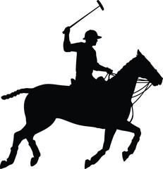 Dynamic silhouette of a polo player on horseback striking the ball with a mallet
