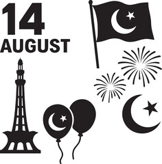 14 August Pakistan Independence Day Silhouette Set with Flag, Balloons, Fireworks, and Crescent Icons | Black and White Vector