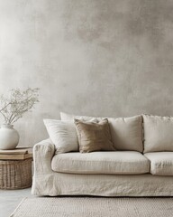Beige sofa positioned against a grey concrete wall, leaving space for copy text. Scandinavian home interior design for a modern living room, Generative AI