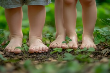 Bare feet of a family with small children standing barefoot outdoors in nature,  the grounding concept of connecting with the earth for health and well-being, Generative AI