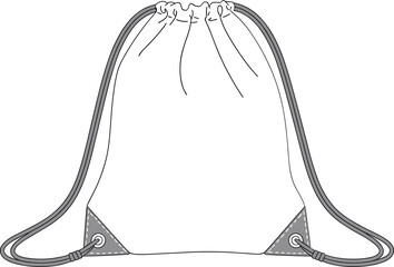 Drawstring backpack bag CAD vector sketch, flat front technical fashion illustration for accessory design, branding template, print mockup, layout design