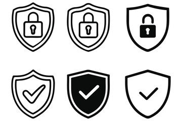 Set of shield and padlock symbols in black silhouette style, representing protection, privacy, and cybersecurity. Great for tech, antivirus, or online safety designs. Includes variation in lock types