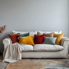 Sofa with an ivory throw and multicolored pillows placed against a blank wall with ample copy space. Boho home interior design for a modern living room, Generative AI