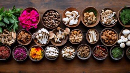 Fototapeta premium Diverse Mushrooms and Edible Flowers in Bowls on Wooden Surface, Forest , Foodie