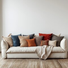 Sofa with an ivory throw and multicolored pillows placed against a blank wall with ample copy space. Boho home interior design for a modern living room, Generative AI