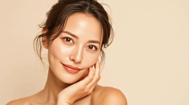 若い日本人女性のポートレート：スキンケア・ビューティーブランド広告に最適な自然な美しさ｜透明肌,ポートレート,肌,美しさ,髪

