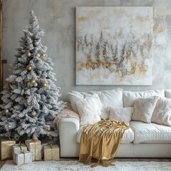 Silver Christmas tree positioned near a white sofa with a golden silk throw blanket. Hygge New Year winter holiday home interior design for a modern living room, Generative AI