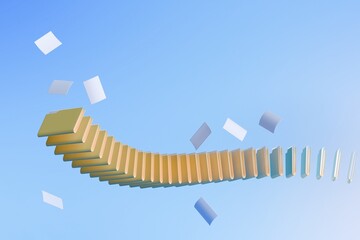 A curved line of golden books levitates against a pale blue sky, papers fluttering around them, suggesting a flow of knowledge or a domino effect of ideas