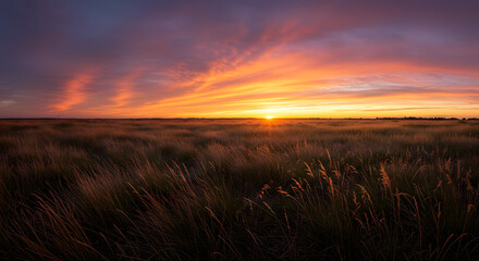 Golden Hour Sunset Over Serene Grassland