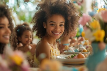 Happy family gathered around the table for Easter dinner at home, celebrating the holiday with loved ones in a festive and warm setting, Generative AI