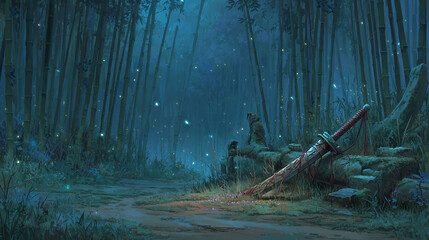 Mystical Bamboo Grove with Forgotten Sword Among Fireflies
