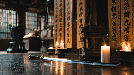 Glowing Sword Resting in a Candlelit Temple Chamber