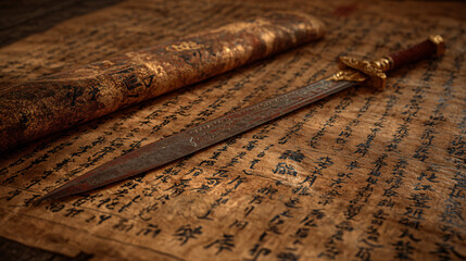 Rustic Ancient Jian Blade on Weathered Calligraphy Scroll