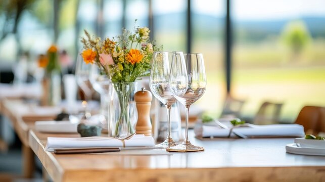 Naklejki Elegant Dining Table Setup with Wine Glasses and Floral Centerpiece,Restaurant ,Table setting