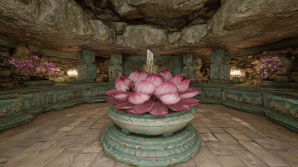 Sacred Lotus Altar with Floating Sword in Ancient Cave Shrine