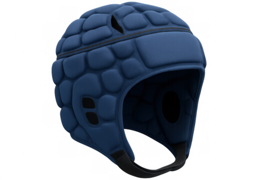 Professional rugby headgear protecting player, offering impact resistance with sleek design, white background